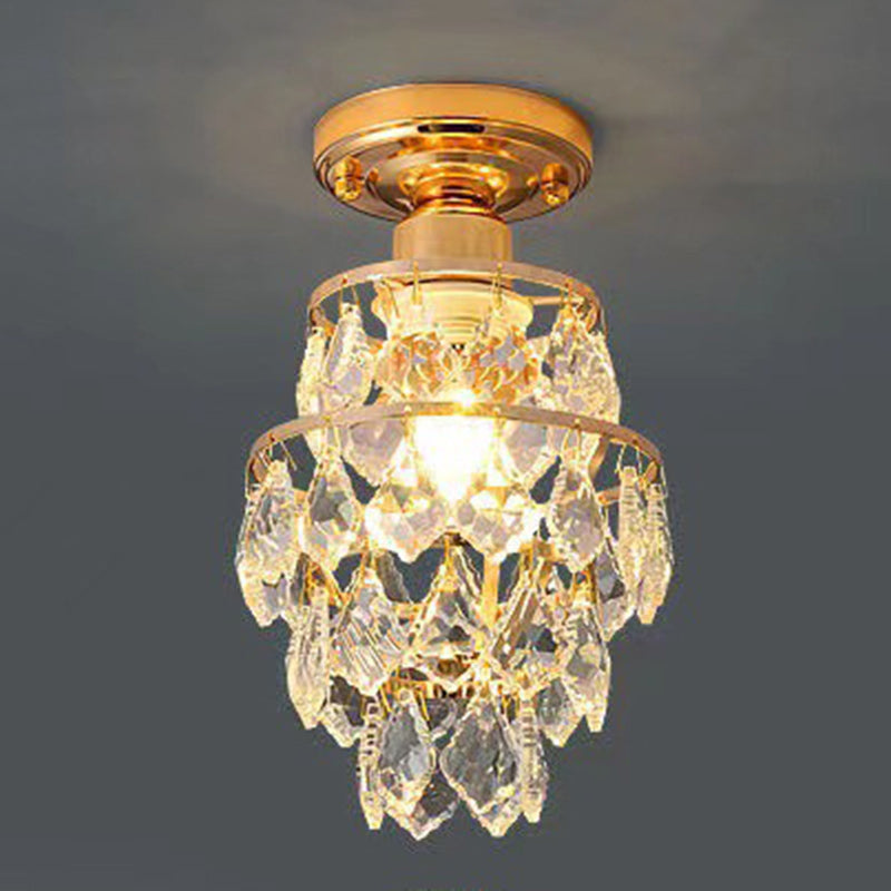 Traditional European Round Metal Frame Crystal Shade 1-Light Semi-Flush Mount Ceiling Light For Hallway