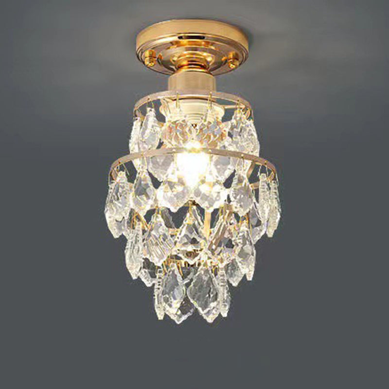 Traditional European Round Metal Frame Crystal Shade 1-Light Semi-Flush Mount Ceiling Light For Hallway