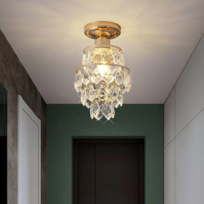 Traditional European Round Metal Frame Crystal Shade 1-Light Semi-Flush Mount Ceiling Light For Hallway