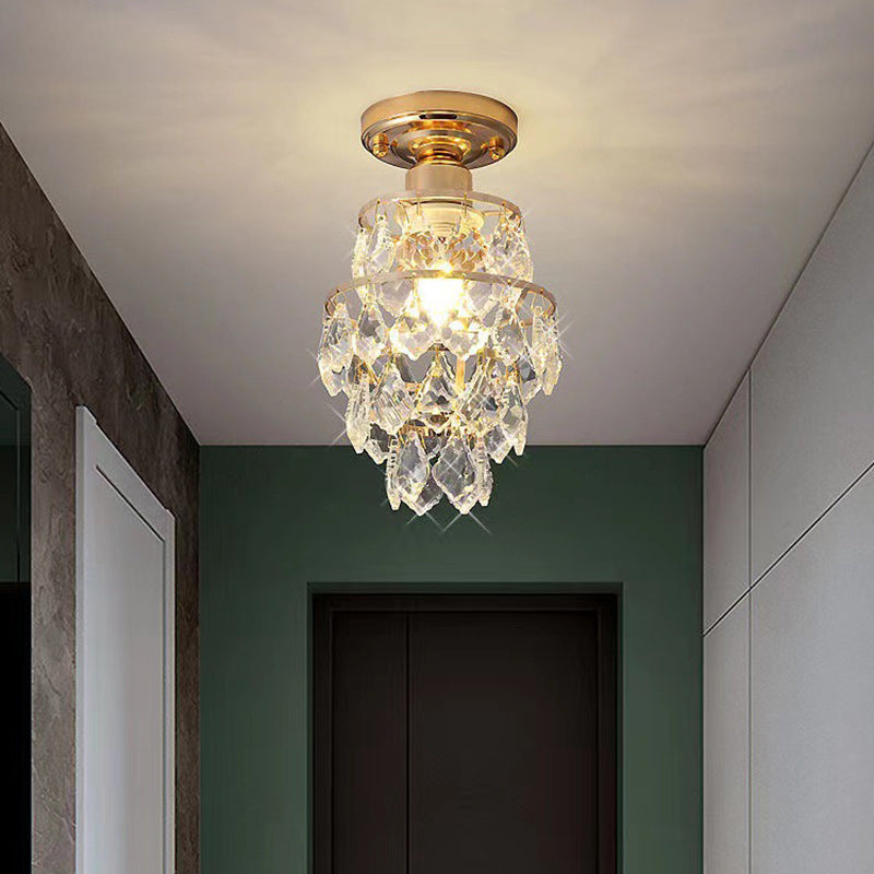 Traditional European Round Metal Frame Crystal Shade 1-Light Semi-Flush Mount Ceiling Light For Hallway
