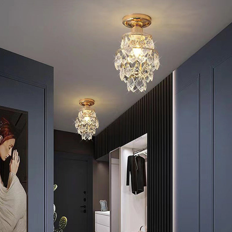 Traditional European Round Metal Frame Crystal Shade 1-Light Semi-Flush Mount Ceiling Light For Hallway