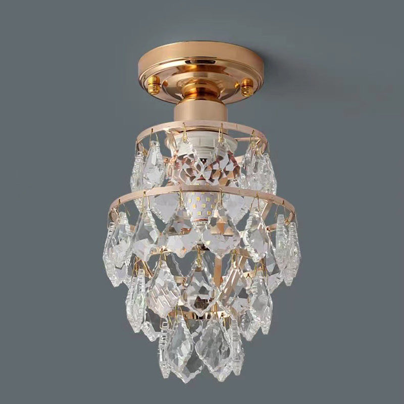 Traditional European Round Metal Frame Crystal Shade 1-Light Semi-Flush Mount Ceiling Light For Hallway