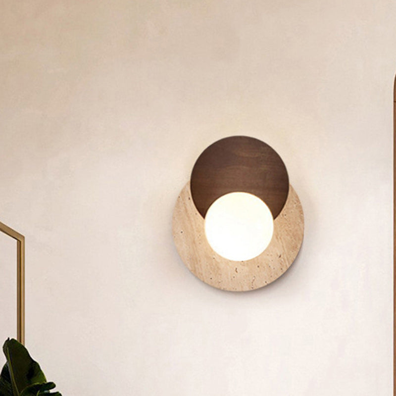 Traditional Japanese Double Round Orb Yellow Travertine Solid Wood Glass Shade 1-Light Wall Sconce Lamp For Living Room