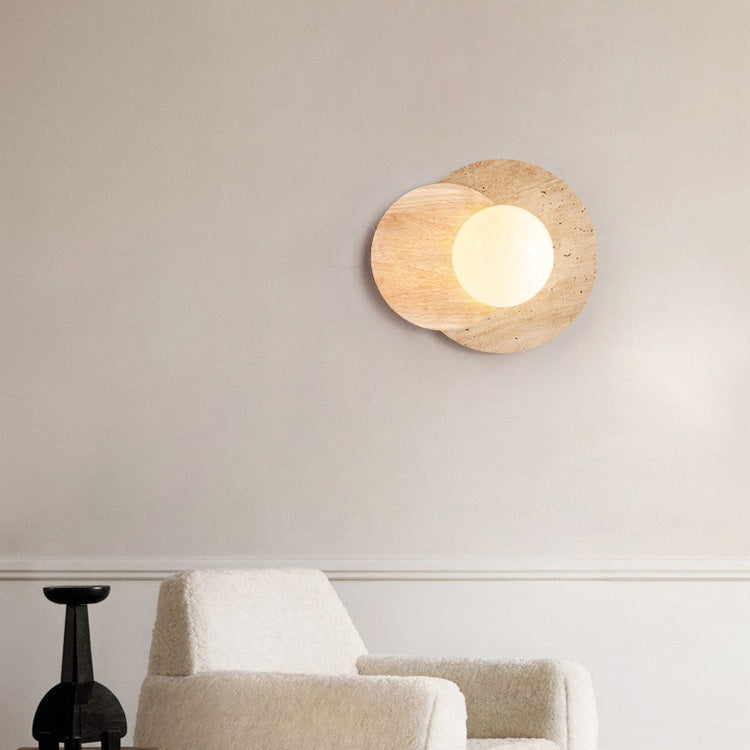Traditional Japanese Double Round Orb Yellow Travertine Solid Wood Glass Shade 1-Light Wall Sconce Lamp For Living Room