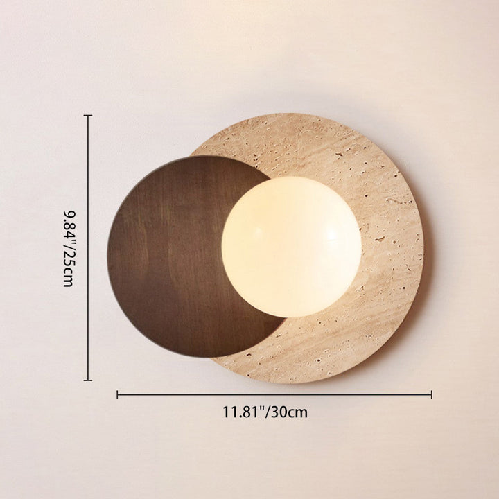 Traditionelle japanische Doppelkugel Gelber Travertin Massivholz Glasschirm 1-Licht Wandleuchte für Wohnzimmer 