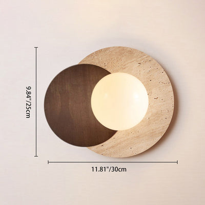 Traditional Japanese Double Round Orb Yellow Travertine Solid Wood Glass Shade 1-Light Wall Sconce Lamp For Living Room