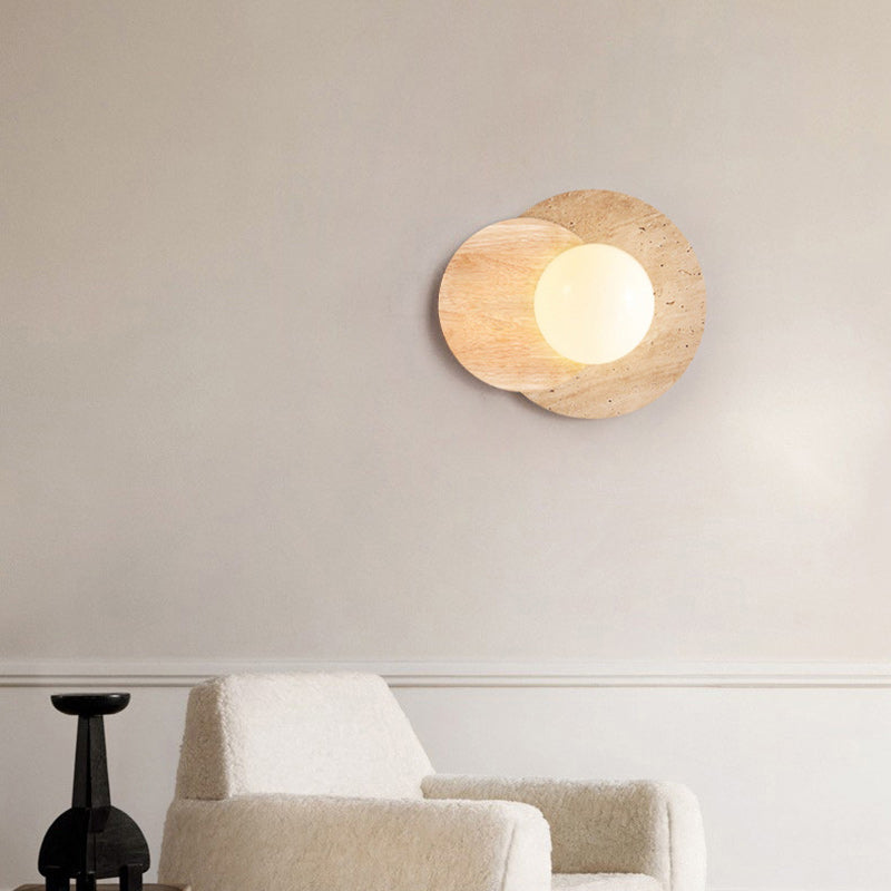 Traditional Japanese Double Round Orb Yellow Travertine Solid Wood Glass Shade 1-Light Wall Sconce Lamp For Living Room