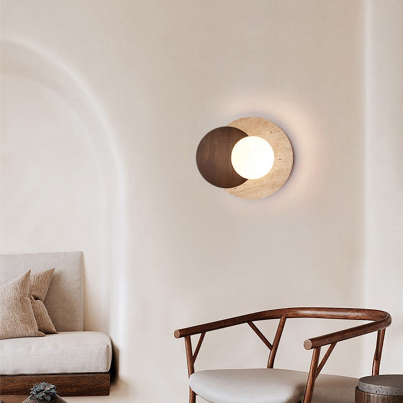 Traditional Japanese Double Round Orb Yellow Travertine Solid Wood Glass Shade 1-Light Wall Sconce Lamp For Living Room