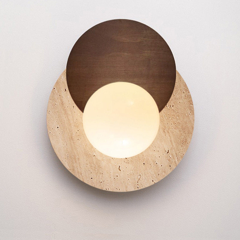 Traditional Japanese Double Round Orb Yellow Travertine Solid Wood Glass Shade 1-Light Wall Sconce Lamp For Living Room