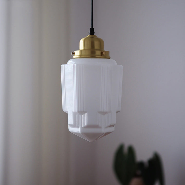 Traditional Vintage Round Cylinder Pagoda Shape Brass Glass 1-Light Pendant Light For Living Room