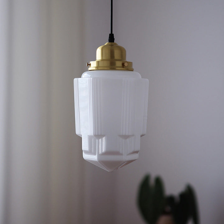 Traditional Vintage Round Cylinder Pagoda Shape Brass Glass 1-Light Pendant Light For Living Room