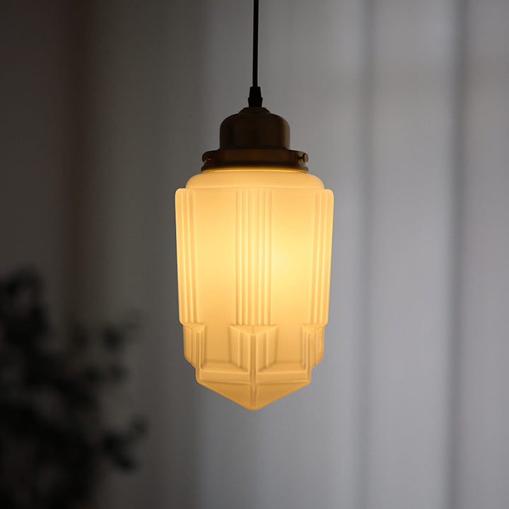 Traditional Vintage Round Cylinder Pagoda Shape Brass Glass 1-Light Pendant Light For Living Room