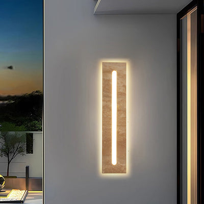 Moderne minimalistische Außen- und Innen-Wandleuchte mit rechteckigem gelbem Travertinrahmen und Acrylschirm für das Wohnzimmer 