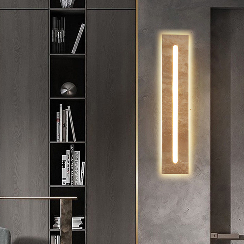 Moderne minimalistische Außen- und Innen-Wandleuchte mit rechteckigem gelbem Travertinrahmen und Acrylschirm für das Wohnzimmer 