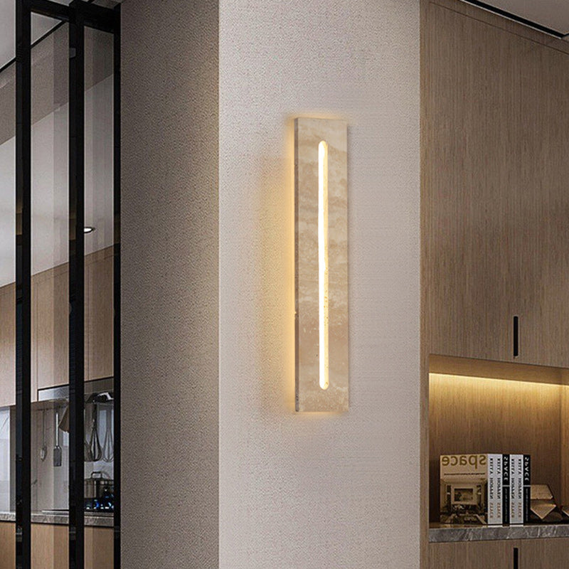 Moderne minimalistische Außen- und Innen-Wandleuchte mit rechteckigem gelbem Travertinrahmen und Acrylschirm für das Wohnzimmer 