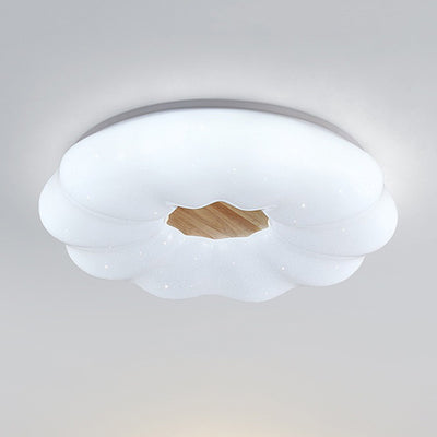 Contemporary Creative Round Cloud Shape Solid Wood Iron Acrylic Shade LED Flush Mount Ceiling Light For Bedroom