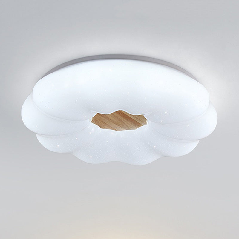 Contemporary Creative Round Cloud Shape Solid Wood Iron Acrylic Shade LED Flush Mount Ceiling Light For Bedroom