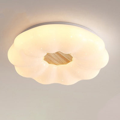 Contemporary Creative Round Cloud Shape Solid Wood Iron Acrylic Shade LED Flush Mount Ceiling Light For Bedroom