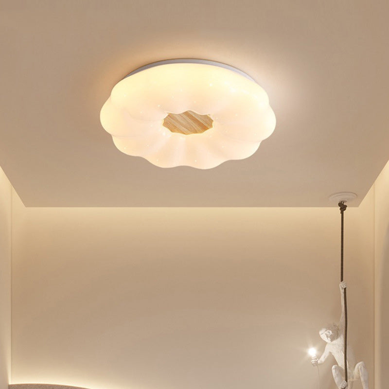 Contemporary Creative Round Cloud Shape Solid Wood Iron Acrylic Shade LED Flush Mount Ceiling Light For Bedroom