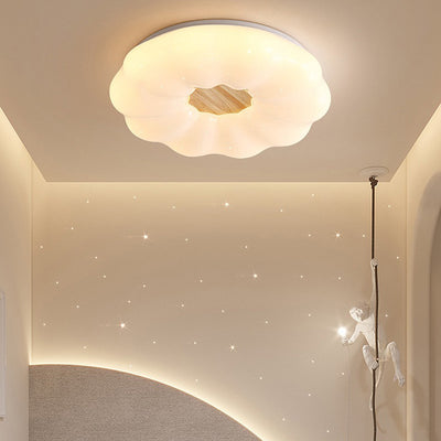 Contemporary Creative Round Cloud Shape Solid Wood Iron Acrylic Shade LED Flush Mount Ceiling Light For Bedroom