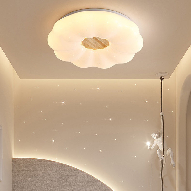 Contemporary Creative Round Cloud Shape Solid Wood Iron Acrylic Shade LED Flush Mount Ceiling Light For Bedroom