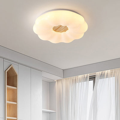 Contemporary Creative Round Cloud Shape Solid Wood Iron Acrylic Shade LED Flush Mount Ceiling Light For Bedroom