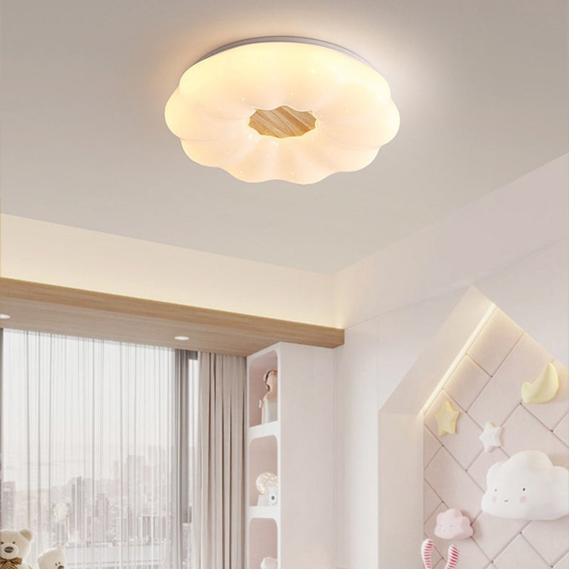 Contemporary Creative Round Cloud Shape Solid Wood Iron Acrylic Shade LED Flush Mount Ceiling Light For Bedroom