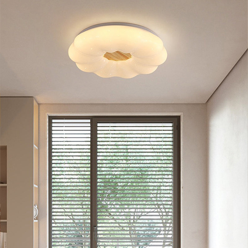 Contemporary Creative Round Cloud Shape Solid Wood Iron Acrylic Shade LED Flush Mount Ceiling Light For Bedroom