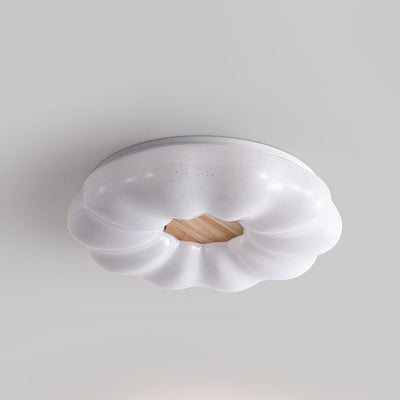 Contemporary Creative Round Cloud Shape Solid Wood Iron Acrylic Shade LED Flush Mount Ceiling Light For Bedroom