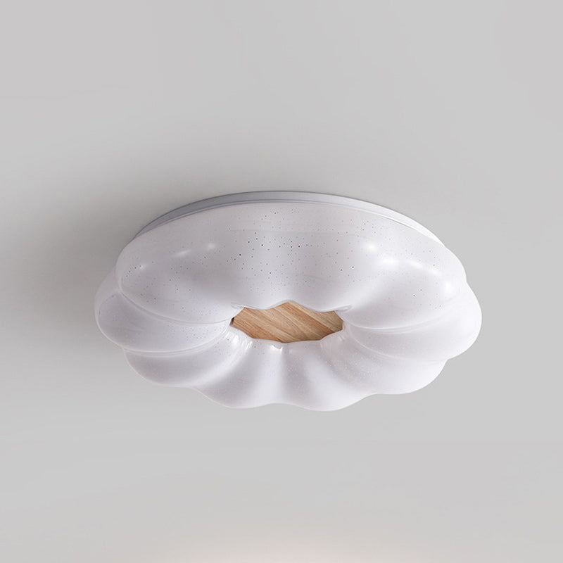 Contemporary Creative Round Cloud Shape Solid Wood Iron Acrylic Shade LED Flush Mount Ceiling Light For Bedroom