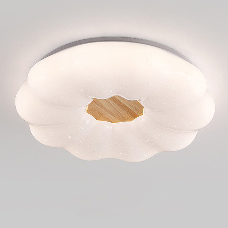 Contemporary Creative Round Cloud Shape Solid Wood Iron Acrylic Shade LED Flush Mount Ceiling Light For Bedroom