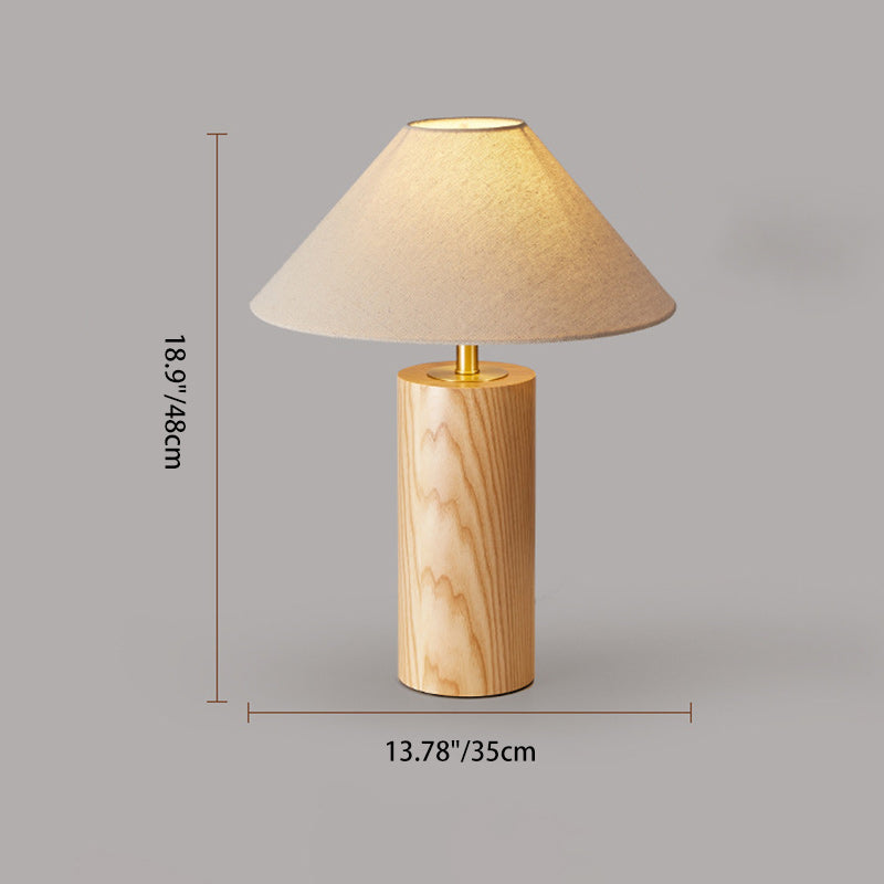 Lampe de table à 1 lumière avec base en bois massif trapézoïdale cylindrique japonaise traditionnelle, cadre en laiton et abat-jour en tissu pour chambre 