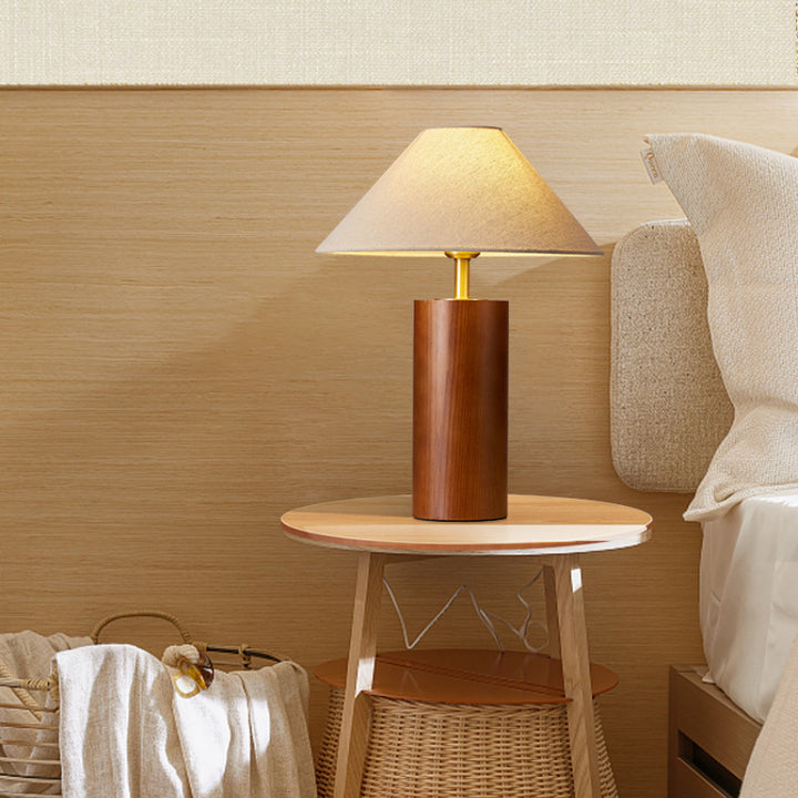 Traditional Japanese Cylindrical Trapezoidal Solid Wood Base Brass Frame Fabric Shade 1-Light Table Lamp For Bedroom