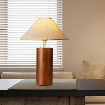 Lampe de table à 1 lumière avec base en bois massif trapézoïdale cylindrique japonaise traditionnelle, cadre en laiton et abat-jour en tissu pour chambre 