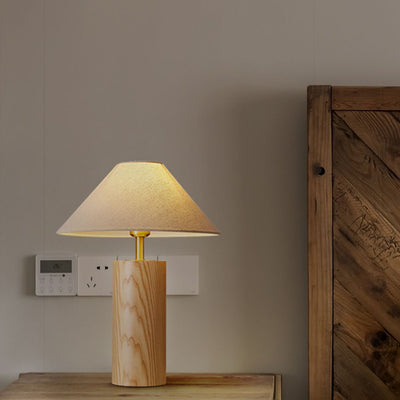 Lampe de table à 1 lumière avec base en bois massif trapézoïdale cylindrique japonaise traditionnelle, cadre en laiton et abat-jour en tissu pour chambre 
