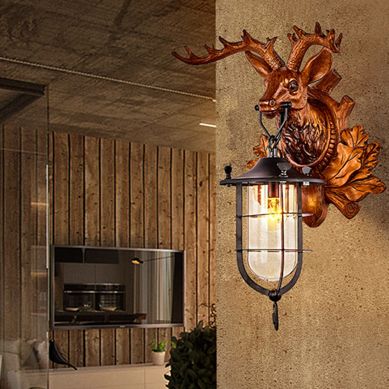 Contemporary Creative Deer Antler Iron Resin Frame Crystal Shade 1-Light Wall Sconce Lamp For Living Room