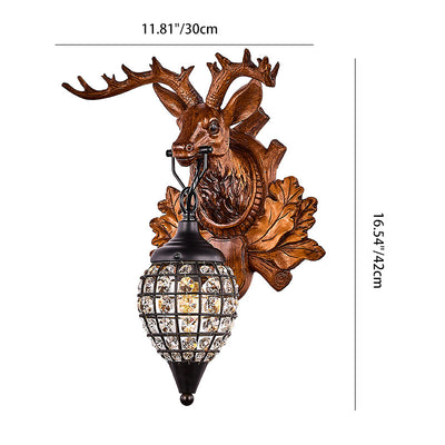 Contemporary Creative Deer Antler Iron Resin Frame Crystal Shade 1-Light Wall Sconce Lamp For Living Room