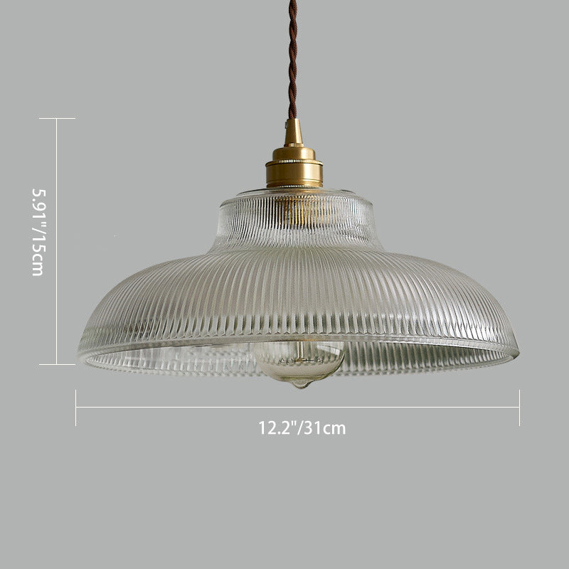 Lustre suspendu à une lumière en forme de couvercle de pot rond vintage traditionnel en laiton avec rayures en verre pour salon 