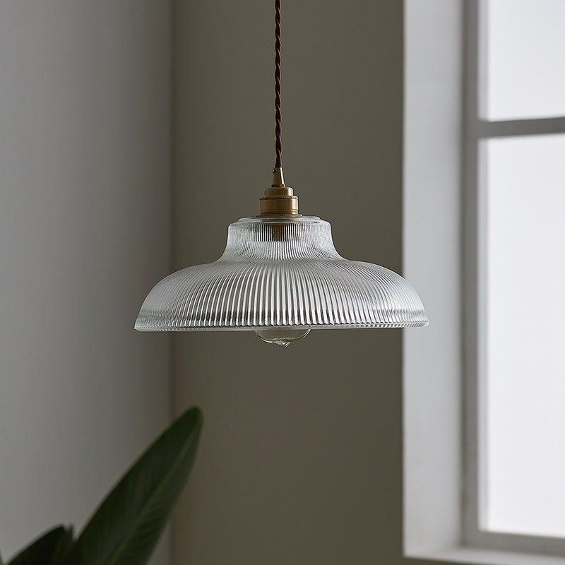 Lustre suspendu à une lumière en forme de couvercle de pot rond vintage traditionnel en laiton avec rayures en verre pour salon 