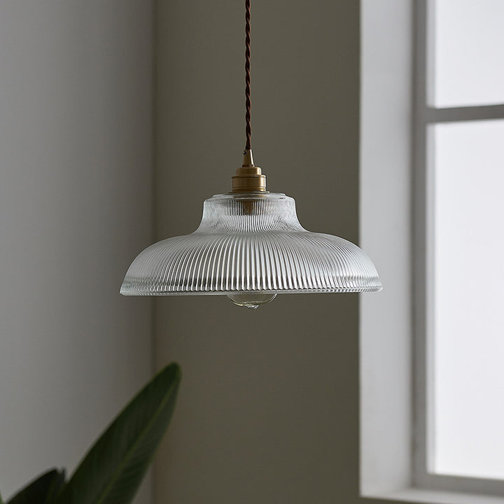 Lustre suspendu à une lumière en forme de couvercle de pot rond vintage traditionnel en laiton avec rayures en verre pour salon 