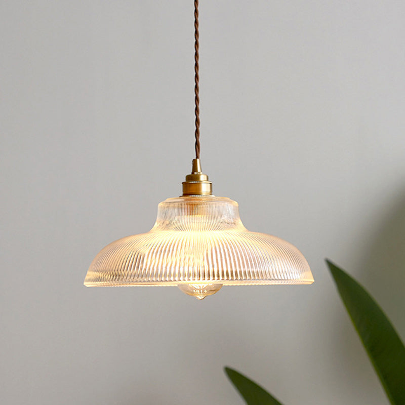 Lustre suspendu à une lumière en forme de couvercle de pot rond vintage traditionnel en laiton avec rayures en verre pour salon 