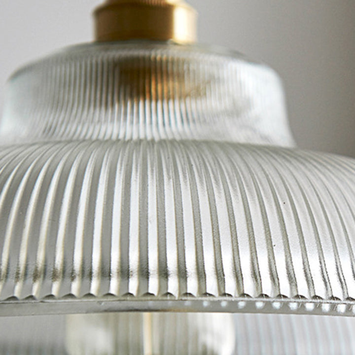 Lustre suspendu à une lumière en forme de couvercle de pot rond vintage traditionnel en laiton avec rayures en verre pour salon 