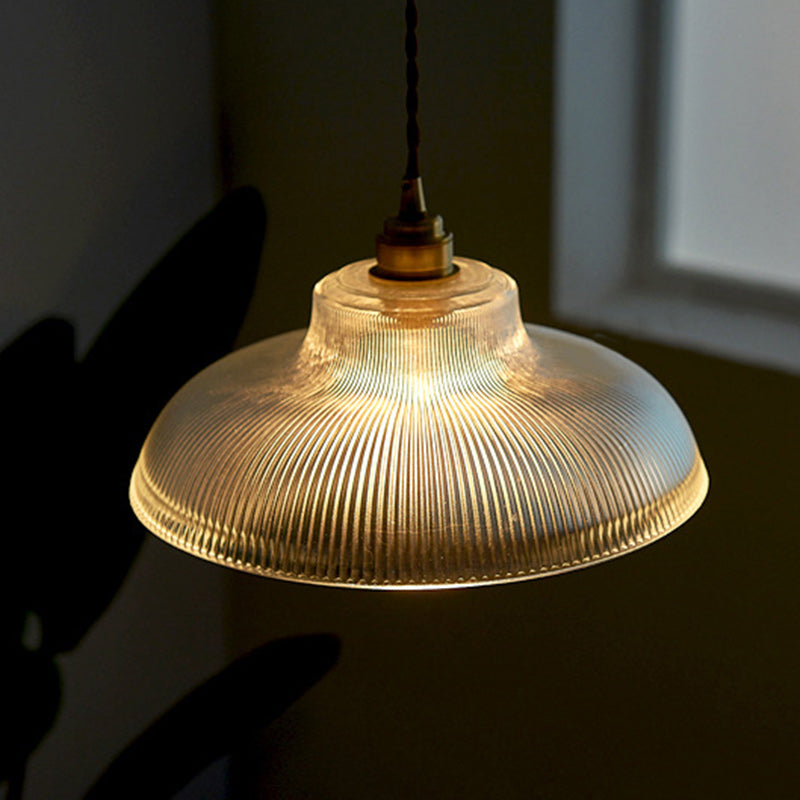 Traditional Vintage Round Pot Lid Shape Brass Striped Glass 1-Light Pendant Light For Living Room