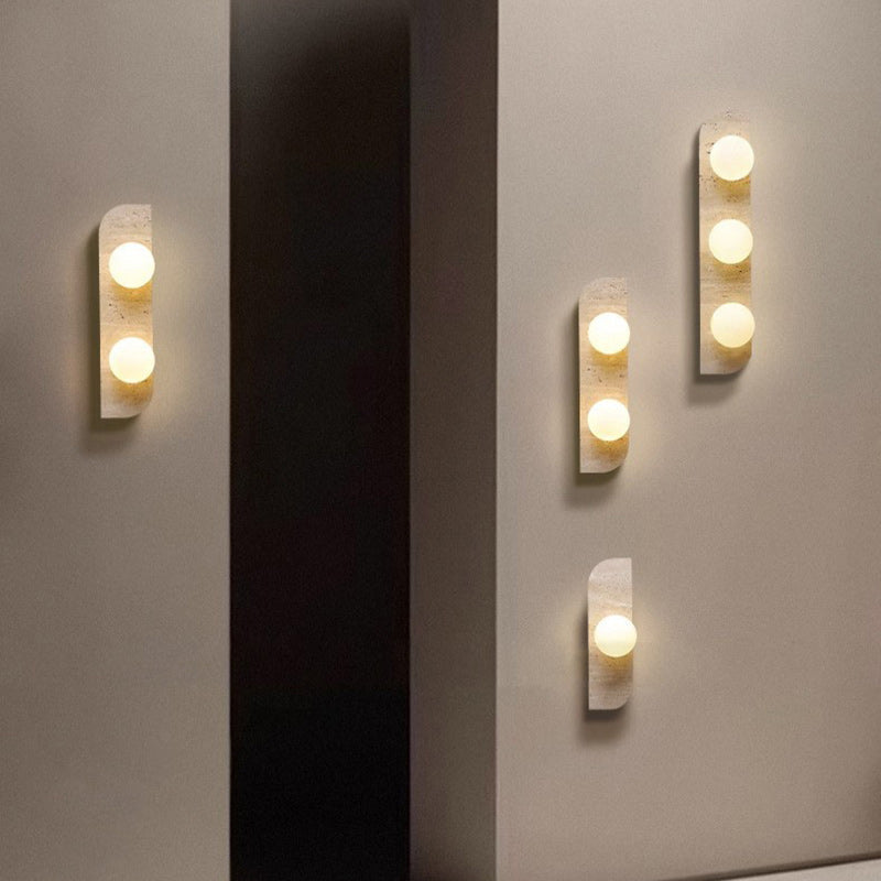 Traditionelle japanische rechteckige runde Globus gelbe Travertin-Glasschirm 1/2/3 Licht Wandleuchte für Wohnzimmer 