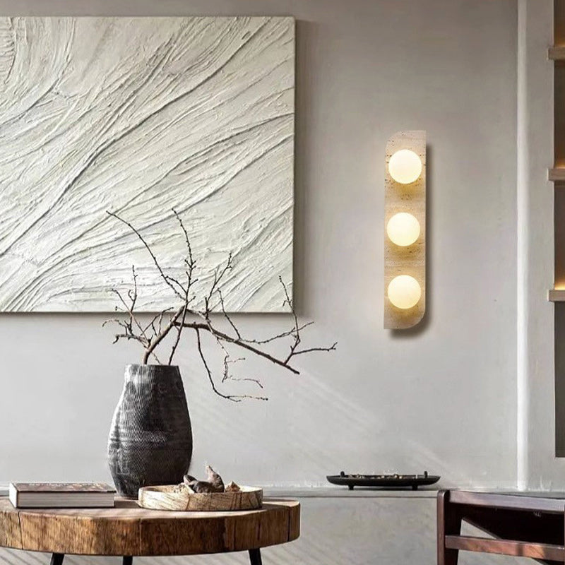 Traditionelle japanische rechteckige runde Globus gelbe Travertin-Glasschirm 1/2/3 Licht Wandleuchte für Wohnzimmer 
