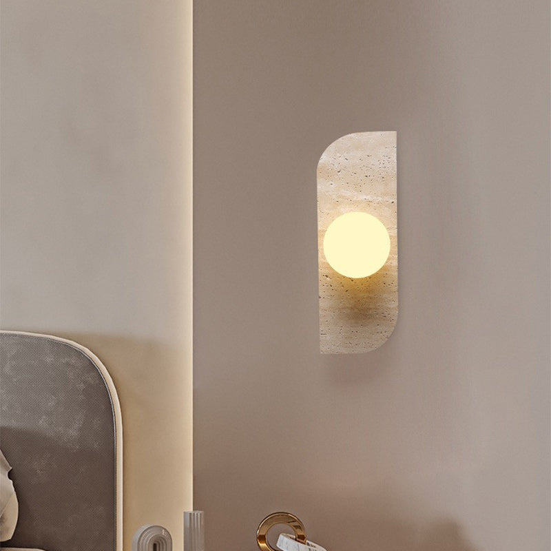 Traditionelle japanische rechteckige runde Globus gelbe Travertin-Glasschirm 1/2/3 Licht Wandleuchte für Wohnzimmer 