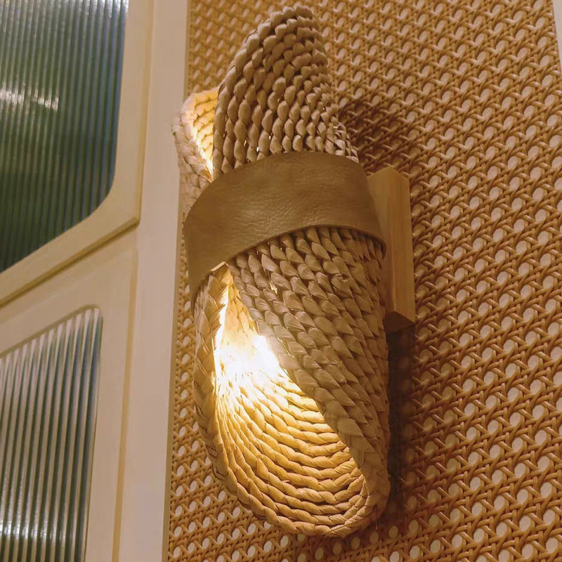 Traditional Japanese Oval Handmade Rattan 2-Light Wall Sconce Lamp For Living Room