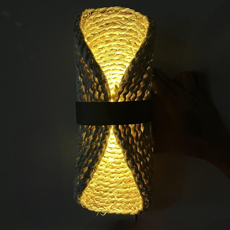 Traditional Japanese Oval Handmade Rattan 2-Light Wall Sconce Lamp For Living Room
