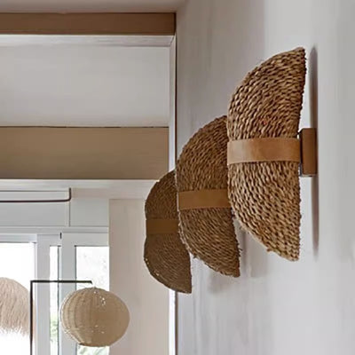 Traditional Japanese Oval Handmade Rattan 2-Light Wall Sconce Lamp For Living Room
