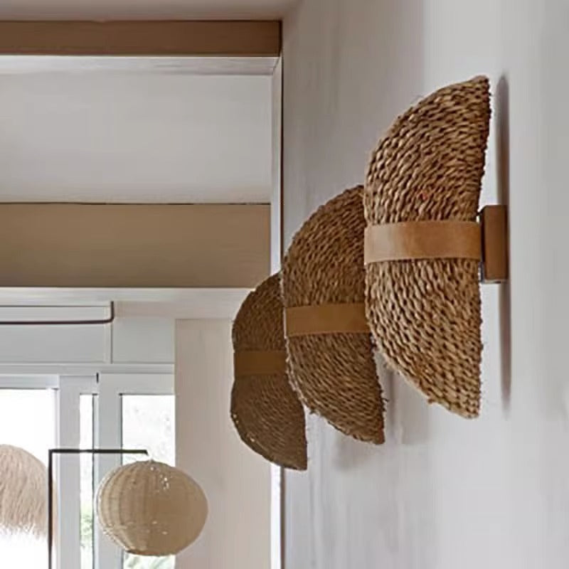 Traditional Japanese Oval Handmade Rattan 2-Light Wall Sconce Lamp For Living Room